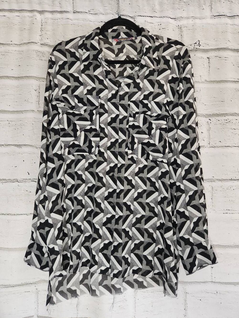 Desigual Womens Button Up Blouse Black White Geometric Stretch XL